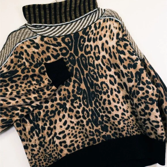 Gimmicks Sweater Womens L Brown Leopard Print Mixed Media Boho Indie Mob Wife - Picture 9 of 16